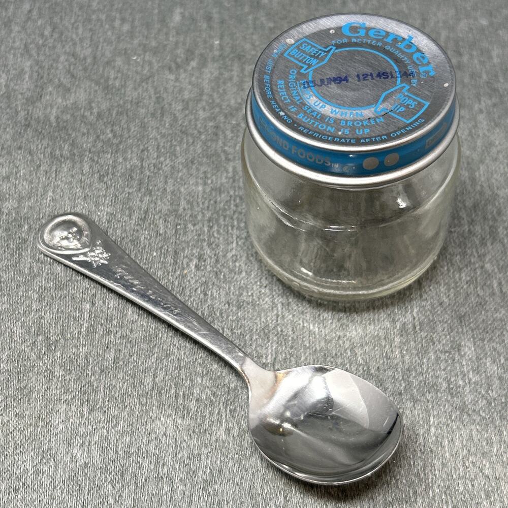Vintage 1990s Gerber Baby Food Jar with Lid & Oneida Stainless Feeding Spoon Set